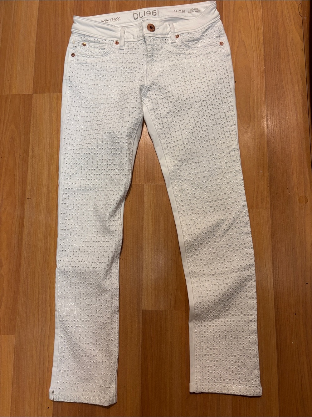 DL1961 Jeans Angel Midrise Skinny Ankle White Denim Eyelet Women’s Size 27